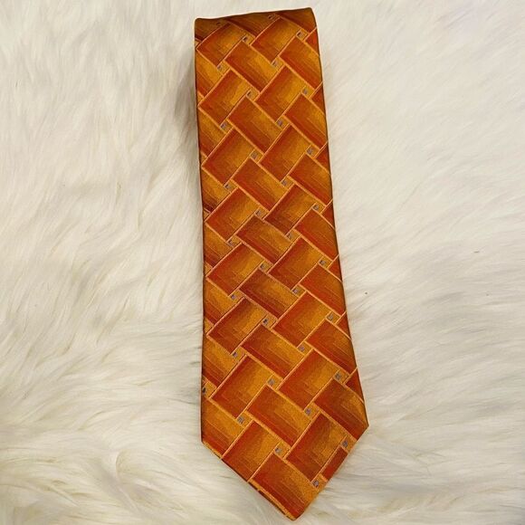 Ted Baker Hand Crafted Orange Geometric Silk Neck Tie - Picture 2 of 6